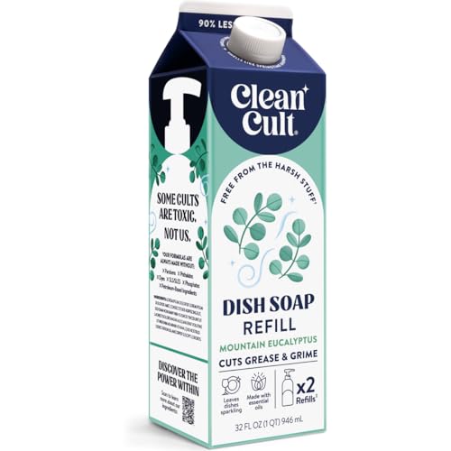 Cleancult Dish Soap Liquid Refill (32oz 1 Pack) - Plant Based Cleaning Power - Dish Soap that Cuts Grease & Grime - Free of Harsh Chemicals - Uses 90% Less Plastic - Mountain Eucalyptus