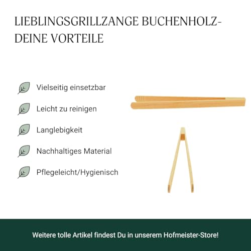 HOFMEISTER® Grillzange, 30 cm, für Wurst, Steaks & Gemüse auf dem BBQ, fester Griff dank Rillen-Fräsung, hygienisch & hitzebeständig, Bratwurst-Pinzette, Buchen-Holz