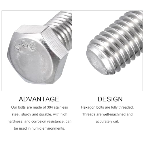 Image of METALLIXITY Hex Head Bolts (1 /2-13 x 1-1 /2 inch) 20Pcs, 304 Stainless Steel 18-8, Fully Threaded, External Hex Drive, Plain Finish, Hex Head Screw Bolt, Silver