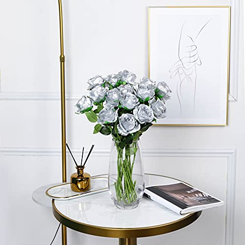 Nubry Artificial Silk Rose Flower Bouquet Lifelike Fake Rose For Wedding Home Party Decoration Event Gift 10Pcs (Silver) #TOP4