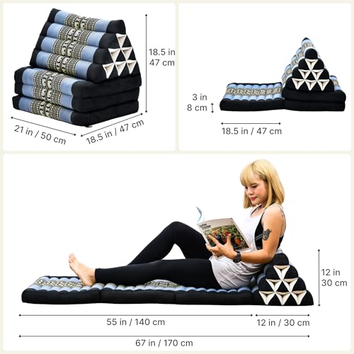 Image of Leewadee - Comfortable Japanese Floor Mattress - Thai Floor Bed with Triangle Cushion - Futon Mattress - Thai Massage Mat, 67 x 21 inches, Blue, Kapok Filling