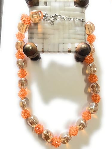 Image of Crystal Beaded Necklace with Peach Cluster Beads, Clear Glass OvalOra Quartz Beads, Silver Chain Clasp