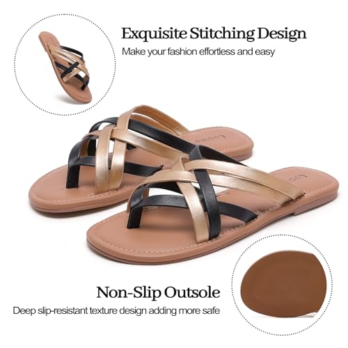 Image of Luoika Women's Wide Width Flat Sandals, Flip Flop Slides Sandal Casual Strapy Sandal Slip on Summer Beach Shoes for Women.