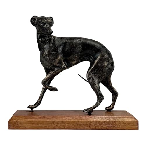 Estatua de hierro fundido de perro de caza, escultura artística de metal hecha a mano sobre base de madera, 18 cm, figura de animal para decoración del hogar y la oficina