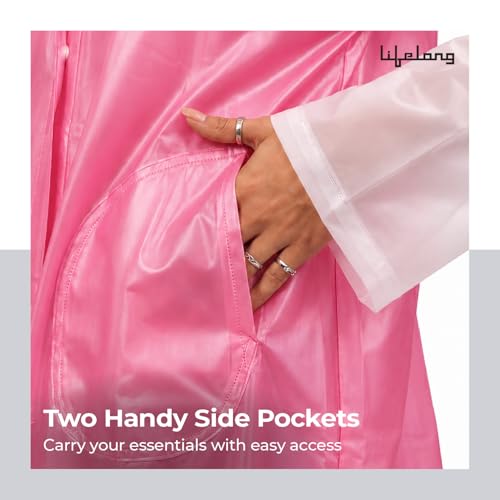 Image of Lifelong Raincoat Waterproof for Women| 100% Waterproof Rainwear for Women & Girls | One-Piece Hooded Raincoat| Snap Buttons & Pockets | Travel for Hiking, Trekking, Camping (L, Pink & White)