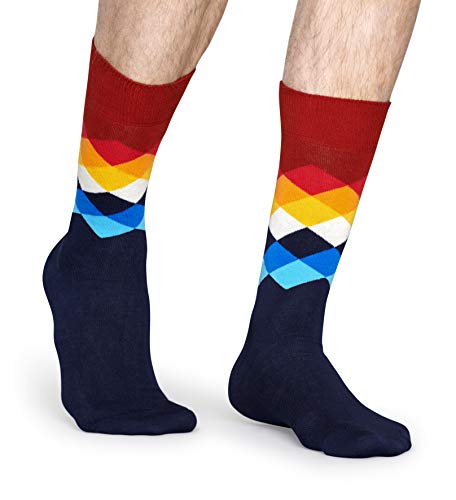 Happy Socks, Colorful Premium Cotton Patterned Fun Socks for Men and Women, Faded Diamond, Blue, 9-112