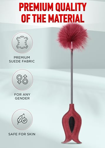 Image of Adult Feather Tickler for BDSM Play Red 15 inch, Satin Eye Mask for Women Red 59 inch Sex Bondage Blindfold, SM Starter Kit Restraints Fetish Toys Couples