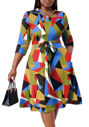 Image of FANDEE Plus Size Midi Dress for Women - Printing Summer Dresses for Wedding Guest Cocktail Party 3 /4 Sleeve V Neck(L-5XL)
