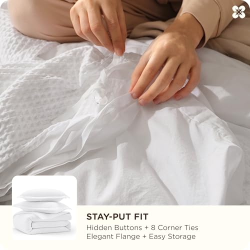 Image of Bedsure Cotton Duvet Cover Set - 100% Cotton Waffle Weave Bright White Duvet Cover Oversized King Size, PureWoven Breathable Bedding Set for All Season, 3 Pieces, 120 inchx98 inch