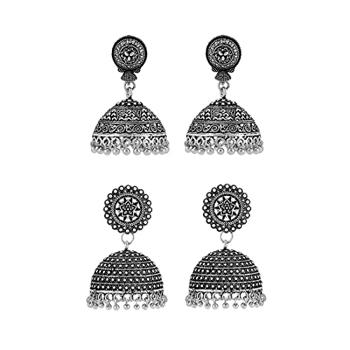 Image of Yellow Chimes Earrings for Women and Girls Traditional Silver Oxidised Jhumka German Silver Earring Set Dome Shaped Dangler Jhumki Earrings Combo | Birthday Gift For Girls and Women