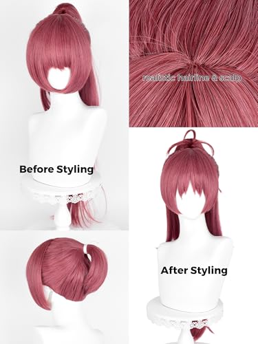 Image of Half and Half Kyoko Cosplay Wig Red Pink Anime Ponytail Wigs with Bangs 29.5'' Long Dark Red Wigs for Women Halloween Party Daily