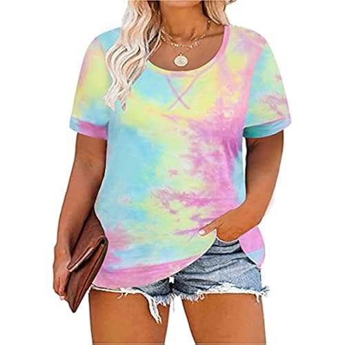 CARCOS Plus Size Tops for Women Short Sleeve Shirt Summer Star/Leopard/Tie Dye/Flower Crewneck Pullover Tunic XL-5XL