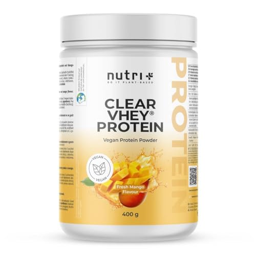 Nutri + Clear Vhey - Clear Vegan Protein Mango Maracuja - erfrischendes, veganes Eiweißpulver ohne Soja, Gluten, Laktose, Zucker - 400 g Proteinpulver