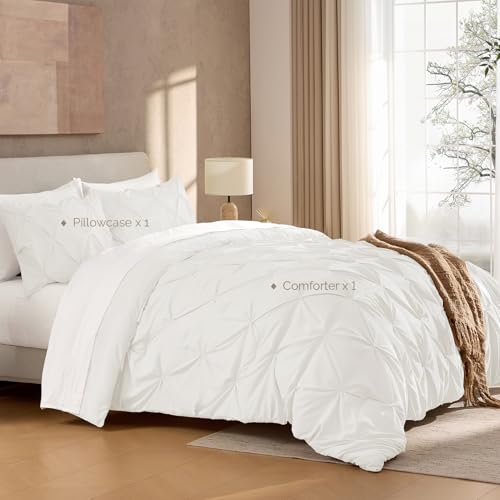 Image of Andency Twin Pinch Pleat Comforter Set (66 inchx90 inch),3 Piece Lightweight Pintuck Bedding Comforters & Sets, Fluffy Down Alternative Comforter with 2 Pillow Shams for All Season,Ivory