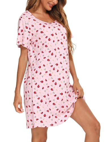 Image of ENJOYNIGHT Womens Cotton Nightgown Short Sleeve Sleepshirt Print Nightshirt | Short-Sleeve Crew Neck, Soft Cotton Fabric, Cartoon Printed Sleep Shirt, Loose Fit