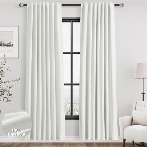 Image of Ivory 100% Blackout Linen Curtains for Bedroom 80 Inches Long Back Tab Thermal Insulated Rustic Modern Farmhouse Decor Black Out Curtain for Living Room Dining Room Neutral Drapes 52x80, 2 Panels