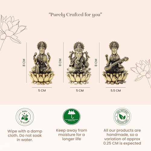 Image of Habere India-All the Cultures Fabricating India Brass Lakshmi Ganesh Saraswati Idol Set for Pooja Room | Pure Brass Lakshmi Ganesh Saraswati Murti for Home (Design04: L5 x W5 x H8 cm)