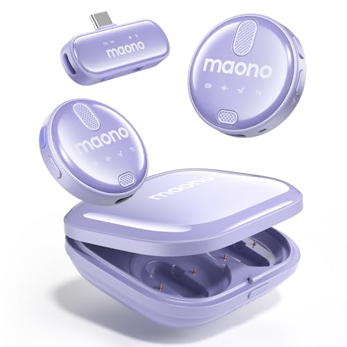 Image of MAONO Wireless Collar Mic for YouTube PC and Type C Mobile, Noise Cancellation Lapel mic with 6H Battery, 100m Transmission, Gain, Mute, Monitoring for YouTube, Vlogging, Podcasting (WM620-Purple)