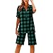 Summer Shorts Sets Women 2 Piece Outfits Fashion Plaid Loungewear V Neck Button Tops and Shorts Set for Casual Vacation Green