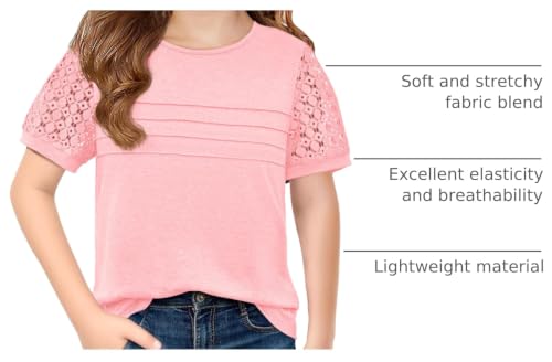 Image of Haloumoning Girls Short Sleeve T Shirts Kids Summer Lace Crewneck Tops Fashion Pleated Tees 5-14 Years