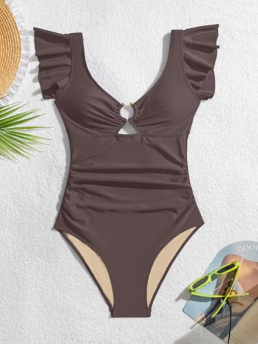 Image of Eomenie Womens Ruffled One Piece Swimsuit Slimming Tummy Control Bathing Suit V-Neck Cutout Swimwear for Resort Wear