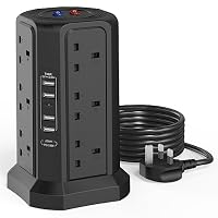 HAFINO Tower Extension Lead with 18W USB C Slots, 12 Way Multi Plug Socket | Surge Protected Extension Lead (13A 3250W) , 1.8M Black Extension Cable with Switches and 5 USB for Home, Office