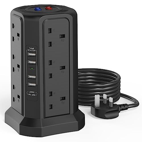 Tower Extension Lead with USB, 1.8m, 12 Sockets, 5 USB Ports, 18W USB-C