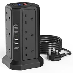 Tower Extension Lead with USB Slots 1.8M and 18W USB C Fast Charger, (13A 3250W) 5 USB Ports and 12 Way Extension Tower, Surge Protection Extension Lead with Switch, Extension Cable for Home, Office