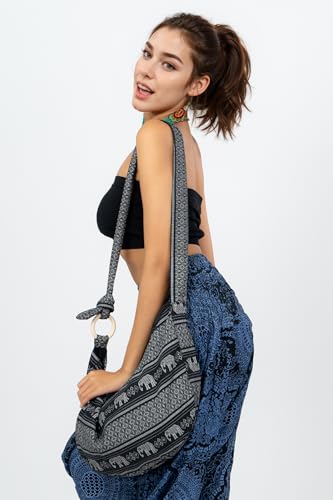 Image of Hobo Crossbody Bag for Women - Handmade Cotton Boho Purse with Wooden Ring | Lightweight Slouchy Shoulder Sling Tote Bag