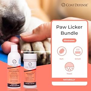 COAT DEFENSE Paw Licker Bundle | Dry Powder for Dogs & Sensitive Skin Dog Shampoo for Allergies and Itching | Smell & Itch Relief | Itchy Skin Relief & Yeast Dog Treatment COAT DEFENSE Paw Licker Bundle Dry Powder for Dogs Sensitive Skin Dog Shampoo for Allergies and Itching Smell Itch Relief Itchy Skin Relief Yeast Dog Treatment