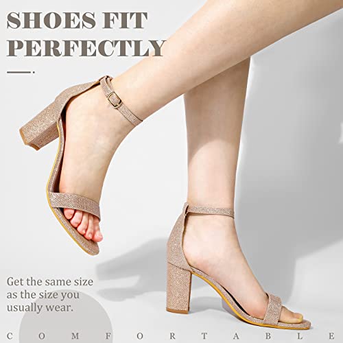 Image of Ankis Gold Glitter Heels for Women - Open Toe Ankle Strap Chunky Heel Sandals Party Wedding Strappy Buckle Sandals 2.75 Inches