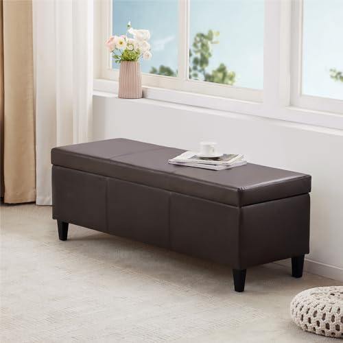 Image of HUIMO Faux Leather Storage Ottoman Bench 50.3 Inch Extra Long PU Upholstered Bedroom Bench with Large Storage Space for The Living Room, Entryway, Bedroom Hold Up to 300lbs (Brown)