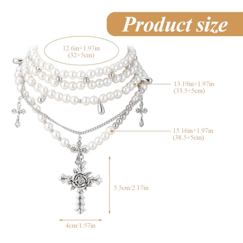 Image of SANNIDHI Pearl Necklace for Women Girls Gothic Rose Cross Pendant Chain Layered Necklace Stainless Steel Beads Choker Necklace Punk Aesthetic Necklace Jewellery Gifts for Women, Girls