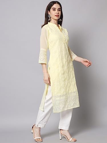 Image of Ekasya Women's Georgette Embroidered Work Kurta with Notch Neck 3 /4 Sleeves Straight Cut Calf Length | E1547