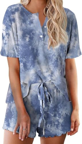Image of Ekouaer Pajamas Set for Women Short Sleeve Lounge Set 2 Piece Loungewear PJs Soft Cute Lightweight Sleepwear