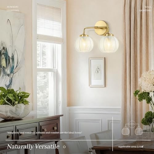 Image of Vintage Bathroom Vanity Lights Over Mirror, 2 Light Gold Wall sconces with clear Glass Shade Bathroom Light Fixture mid Century Wall Sconce Light Glass Wall Lighting for Bedroom Doorway Hallway