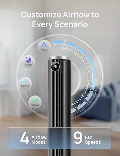 Image of DREO Smart Tower Fan for Bedroom, 40 inch-45 inch Adjustable Height, 28 ft /s Velocity, DC Motor, 9 Speeds, 4 Modes, 90Oscillating, Standing Fan, 20dB Quiet, 12H Timer for Home, Office, Google /Alexa, Black