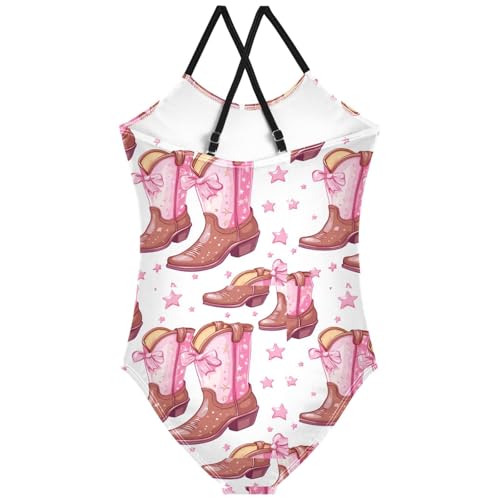 Pigsaly Girls One Piece Swimsuits Brown Cowgirl Boots Pink Bows Kids Cross Back Swimwear Toddler Beach Sport Bathing Suit 3T2