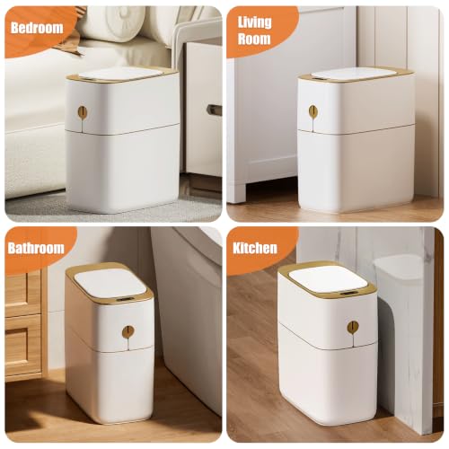 Image of funest Smart Bathroom Trash Can with Lid, 3.6 Gallon Slim Motion Gold Sensor Garbage Bin with Inner Bucket, Trash Can with Lid Waterproof for Kitchen Office