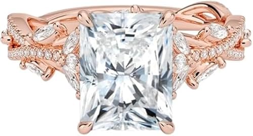2 Carat Rose Gold Radiant Cut Moissanite Engagement Ring for Women, Nature Inspired Floral Leaf Design, 10K 14K 18K Solid Gold or 925 Sterling Silver, Vintage Promise Wedding Ring, Unique Proposal Ring Gift
