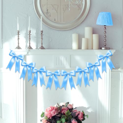 Image of 1 String of 8PCS Blue Bow Garland Banner Decoration,Pre-Strung Satin Ribbon Ornaments for Birthday,Bachelorette Party,Bridal Shower,Wedding,Engagement,Baby Shower,Graduation Decor,Anniversary