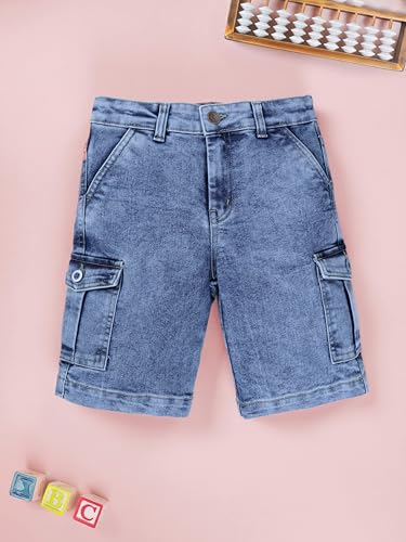 Image of KiddoPanti Boys Knee Length Cargo Denim Shorts with Flap Pockets & Button Closure Casual Wear