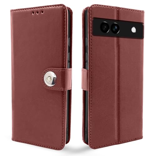 Image of Pikkme Google Pixel 7A Flip Cover Leather Finish | Inside TPU with Card Pockets | Wallet Stand and Shock Proof | Complete Protection Button Flip Case (Brown)