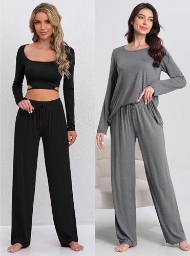 FEQO 2 Pack Damen Loungehose Jogginghose Lang Pyjamahose Stretch Weites Bein Hose Schlafanzughose für Frauen (Schwarz, Dunkelgrau, XXL)