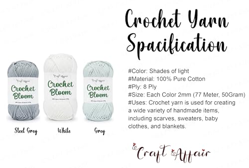 Image of Craft Affair | 8ply Cotton Crochet Yarn (Each Color 2mm, 77Meter, 50Gram) for Knitting Yarn | 100% Pure Cotton for Embroidery, Craft & DIY Project: Grey, White, Steel Grey