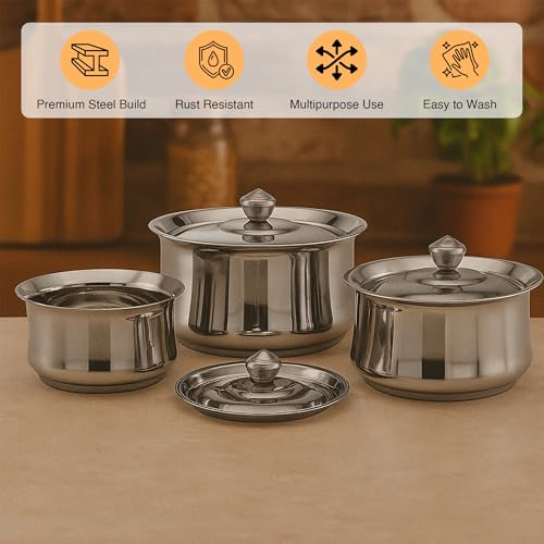 Image of Expresso Stainless Steel Handi Set with Lid for Serving, Cooking Bowl, Biryani Handi Set of 3 Pieces | Heavy Gauge Induction Friendly Kitchen, Patila Hot Pot Degchi 800 /1350 /2100ml Model - KIA