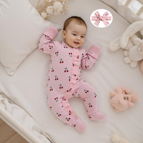 Infant Baby Girl Fall Outfit Sweatshirt Romper Footies Cherry Print Ruffle Trim Jumpsuit Zip Up Onesie Newborn Winter Clothes4