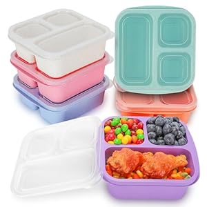 Bento Box For Kids – 6 Pack 3 Compartments Meal Prep Containers Reusable Wheat Straw Lunchable Containers, Snack Containers Snack Box For Adults, Bento Box Kids Lunch Box