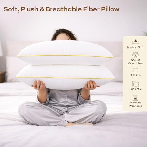 Image of SleepyCat Fiber Lite Pillow | Full Size Poly Fiber Medium Soft Pillow | 2 Year No Lint Guaranteed | 110 TC Micro-Peach Fabric | Luxe Feel | Machine Washable Pillow | White, Set of 1 (27x17 Inches)