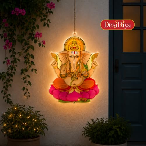 Image of Desidiya Lord Ganesha LED Hanging Light | Warm White Double-Sided Decor | Perfect for Diwali, Ganesh Chaturthi, temples, pooja rooms, entrances and gifting.